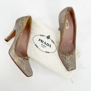 Prada Vintage Gold Floral Brocade Snakeskin Trim Bow Square Toe Heel IT 36.5